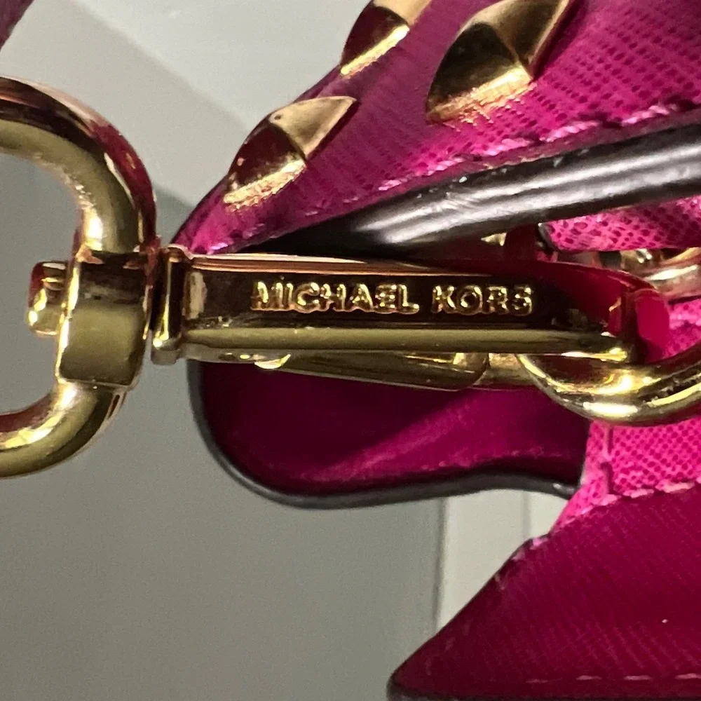 Michael Kors Selma Satchel Women Medium Magenta Pink Studded Saffiano Leather